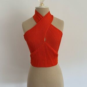 Day + Moon Halter Crop Top Orange Stretch Ribbed M